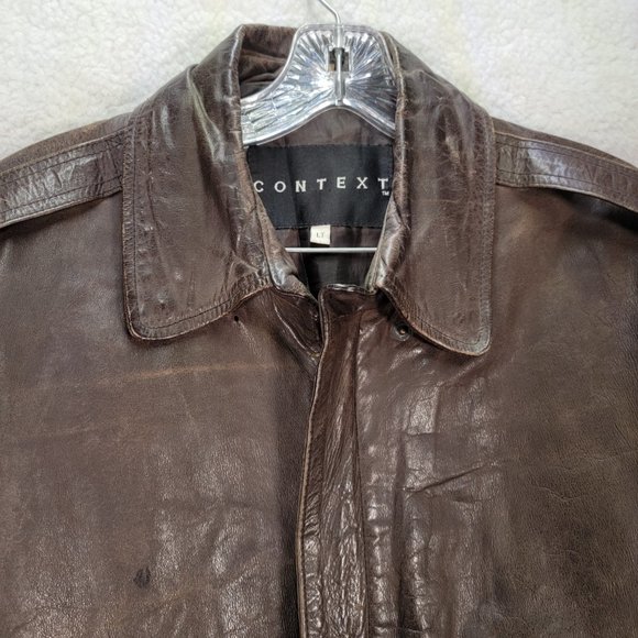 Vintage Context Brown Leather Collared Distressed Aviator Moto Jacket Coat - Picture 10 of 16